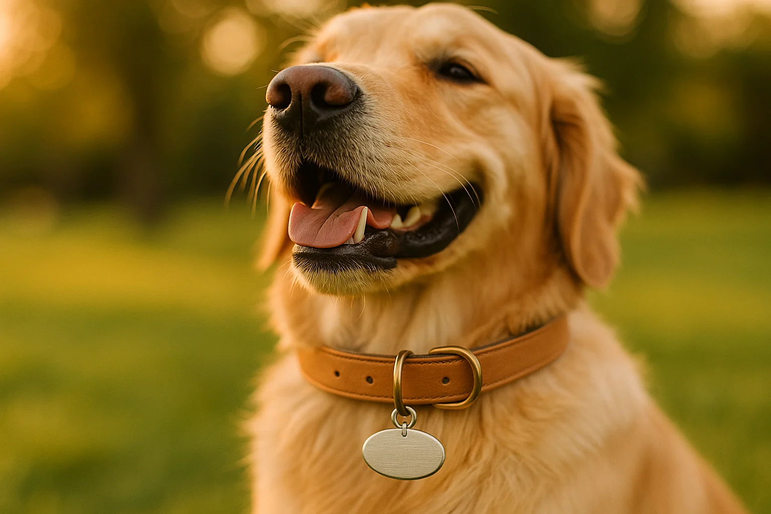 A golden retriever wearing the TapThisTag tag on its collar