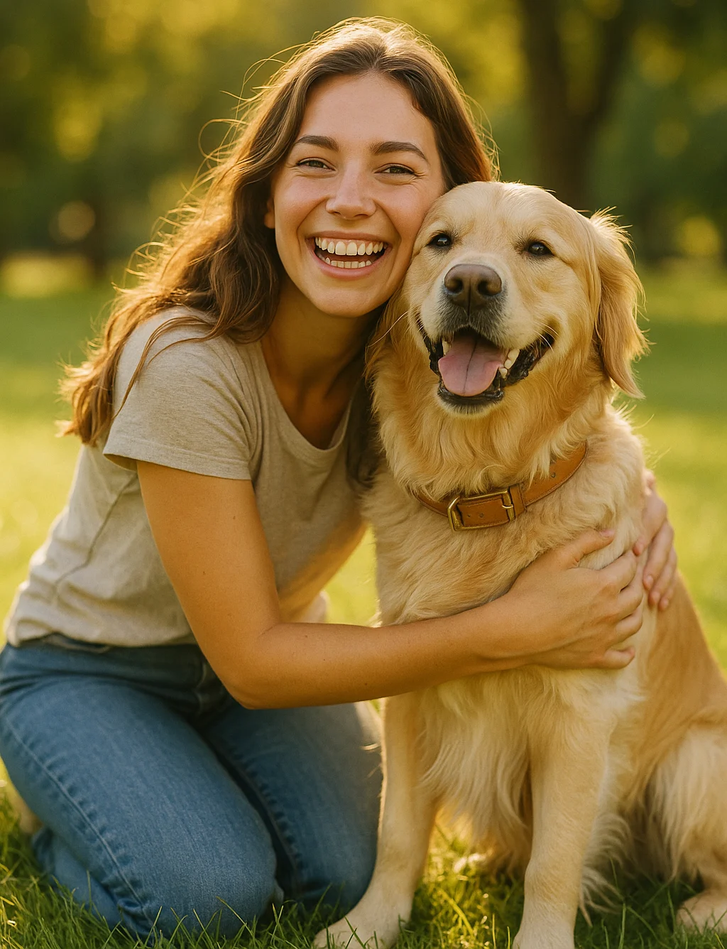 A smiling woman hugging her golden retriever in a park