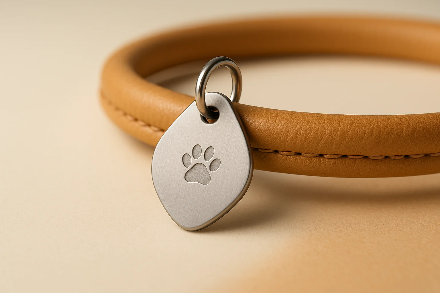 The TapThisTag smart NFC pet tag on a leather collar