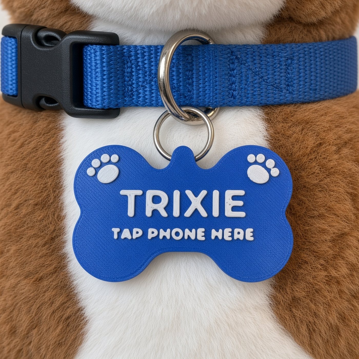 Blue bone tag with white lettering on a collar