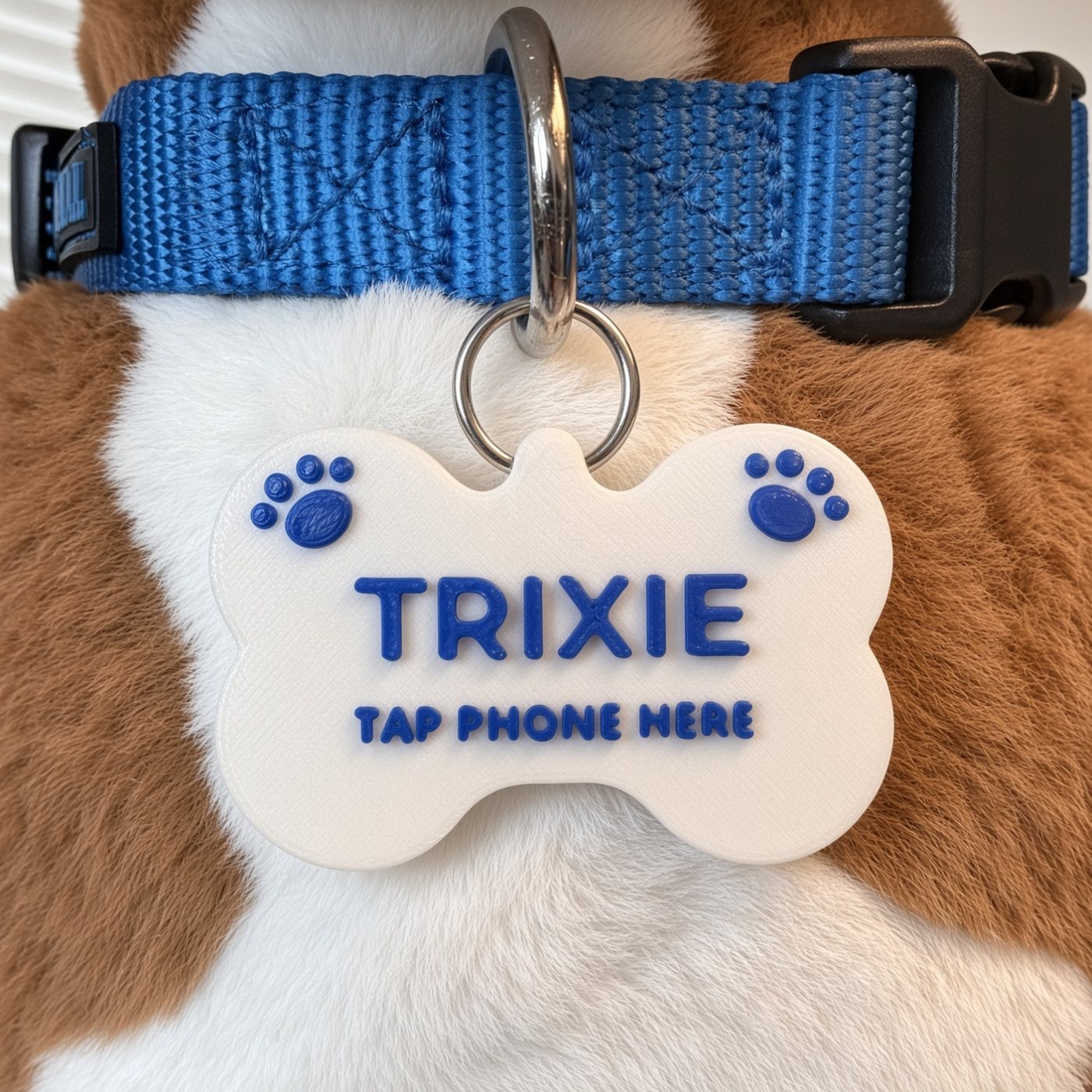 White bone tag with blue lettering on a collar