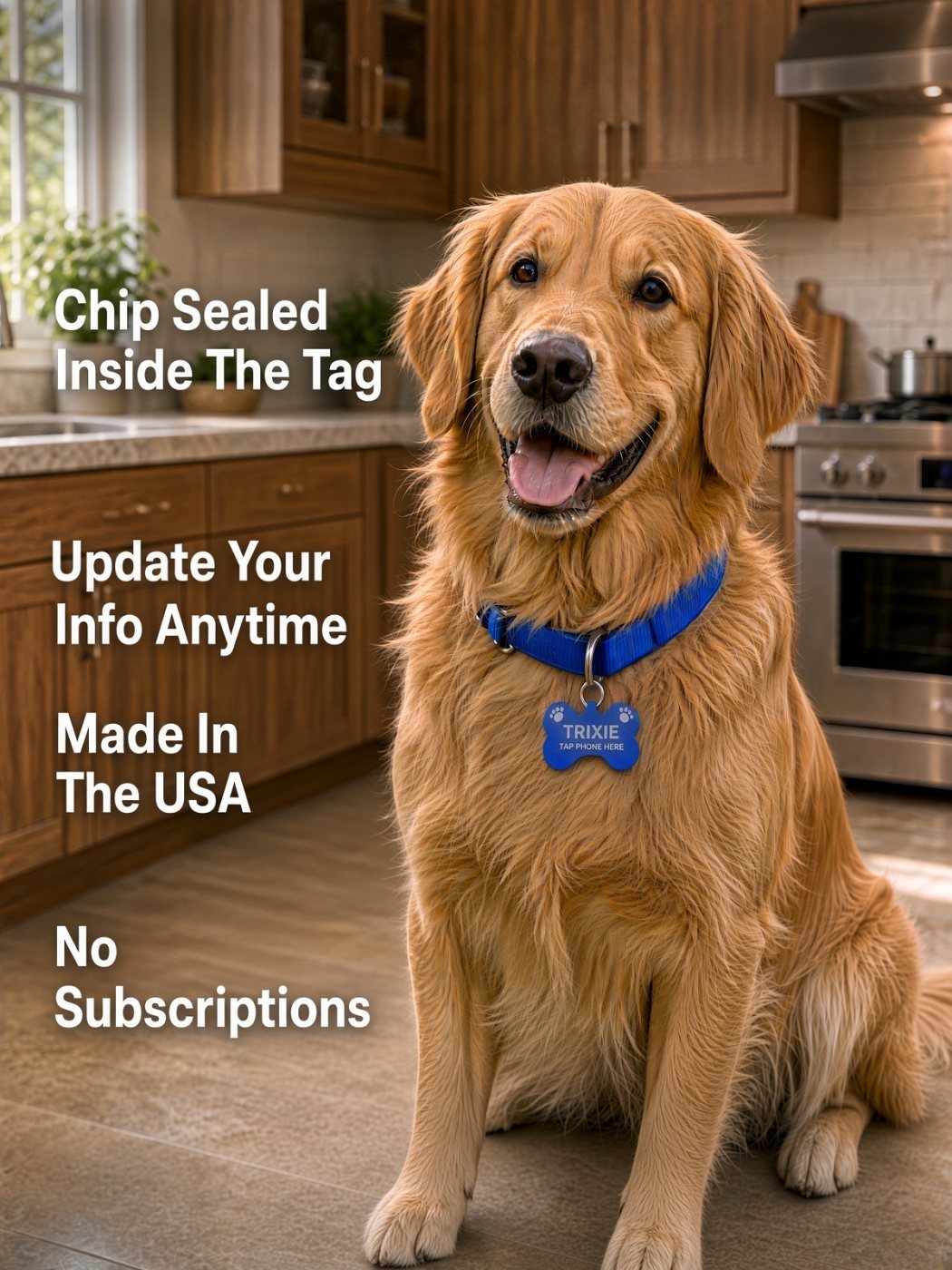 Chip sealed inside the tag, update your info anytime, made in the USA, no subscriptions