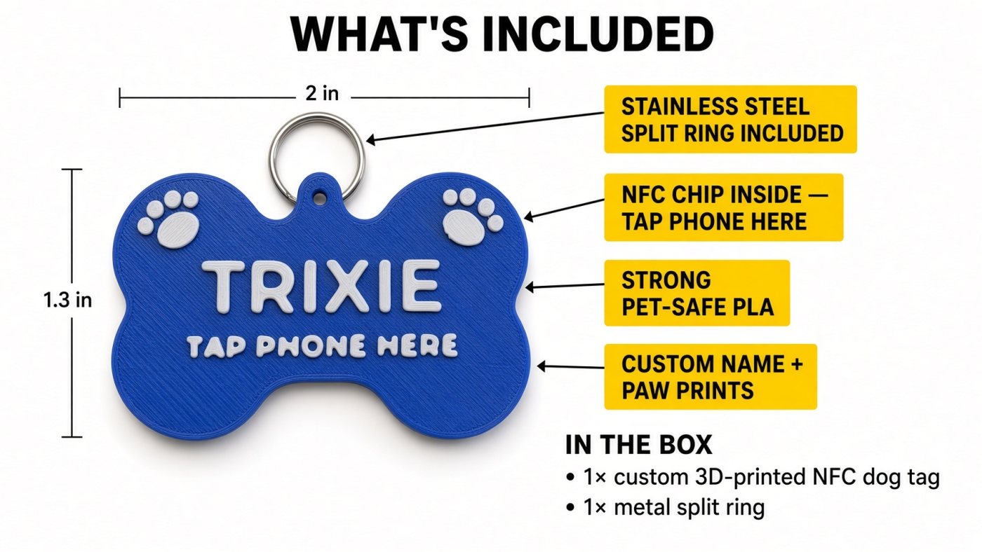 What’s included: the NFC tag with its name and paw prints, and a stainless steel split ring