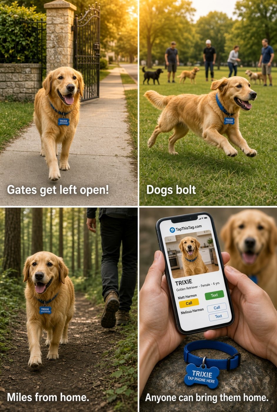 Gates get left open and dogs bolt — anyone can tap the tag and bring them home